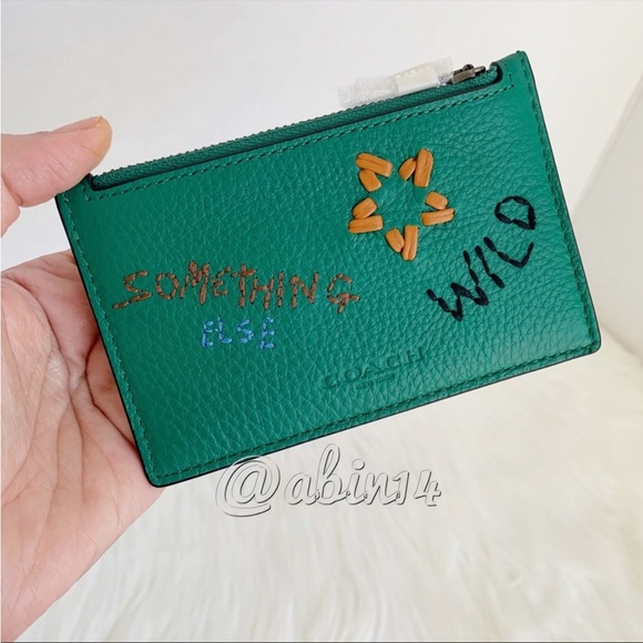 NWT Coach Zip Card Case in Green Leather with Diary Embroidery - Picture 5 of 8